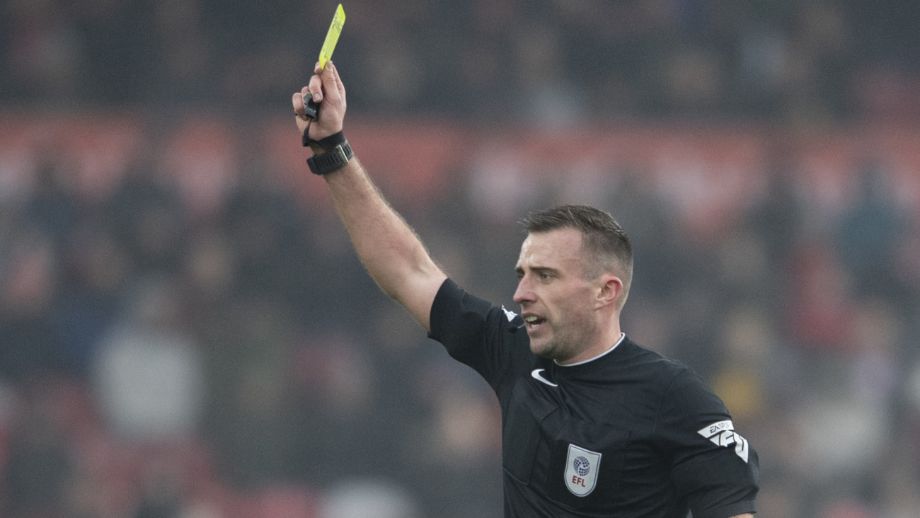 Referee Adam Herczeg officiates during the Sky Bet Championship match between Middlesbrough and Watford at the Riverside Stadium in Middlesbrough, England, on February 15, 2025.