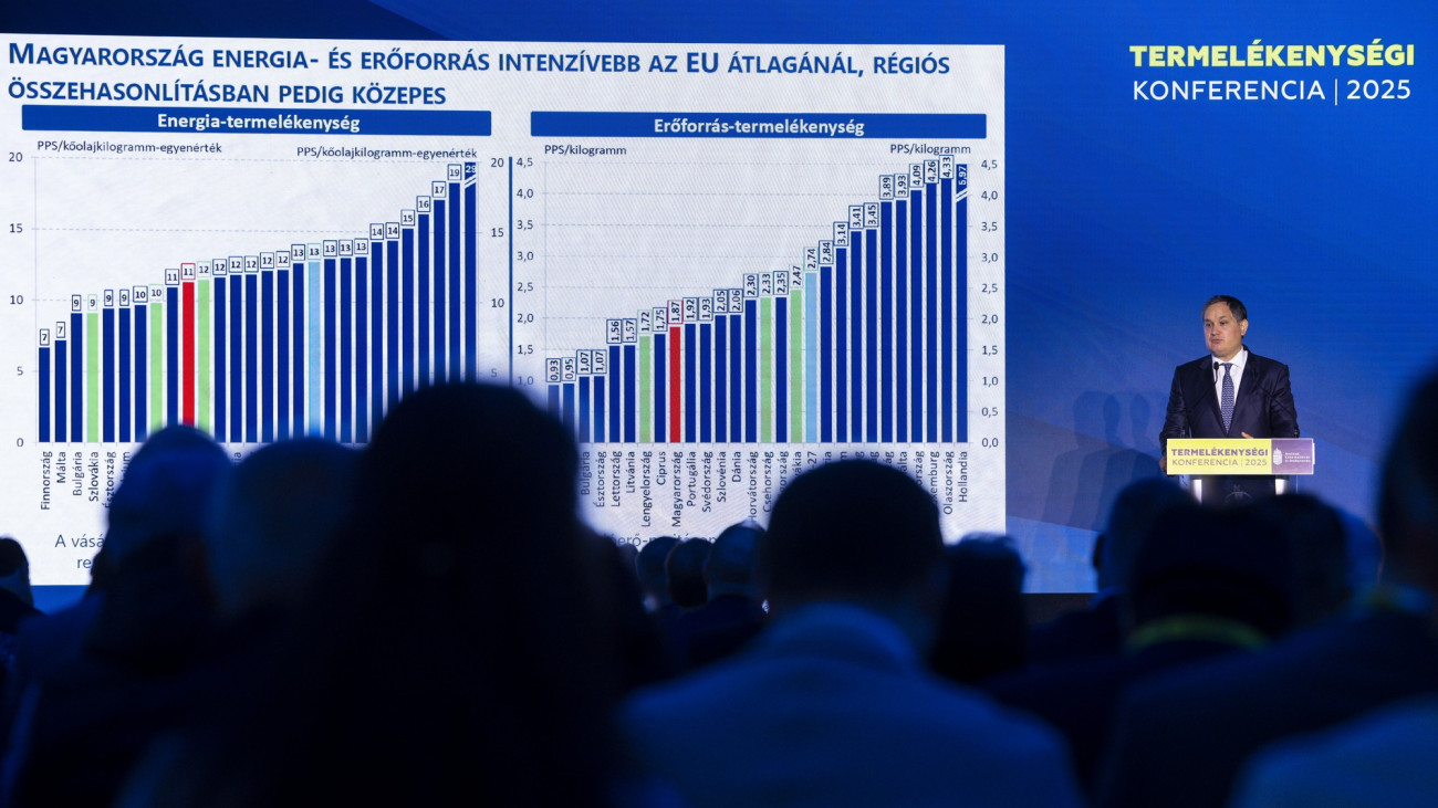Nagy Márton nemzetgazdasági miniszter beszédet mond a Termelékenységi konferencián, a minisztérium és a Magyar Kereskedelmi és Iparkamara (MKIK) közös budapesti rendezvényén 2025. május 26-án.