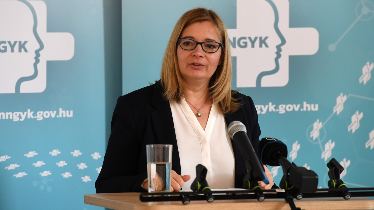 Surján Orsolya, a Nemzeti Népegészségügyi és Gyógyszerészeti Központ népegészségügyi helyettes országos tisztifőorvosa beszél az idén 15. alkalommal megrendezett, a vízivást népszerűsítő Happy-hét eredményeiről tartott sajtótájékoztatón a Nemzeti Népegészségügyi és Gyógyszerészeti Központ Bayer termében 2025. április 29-én.