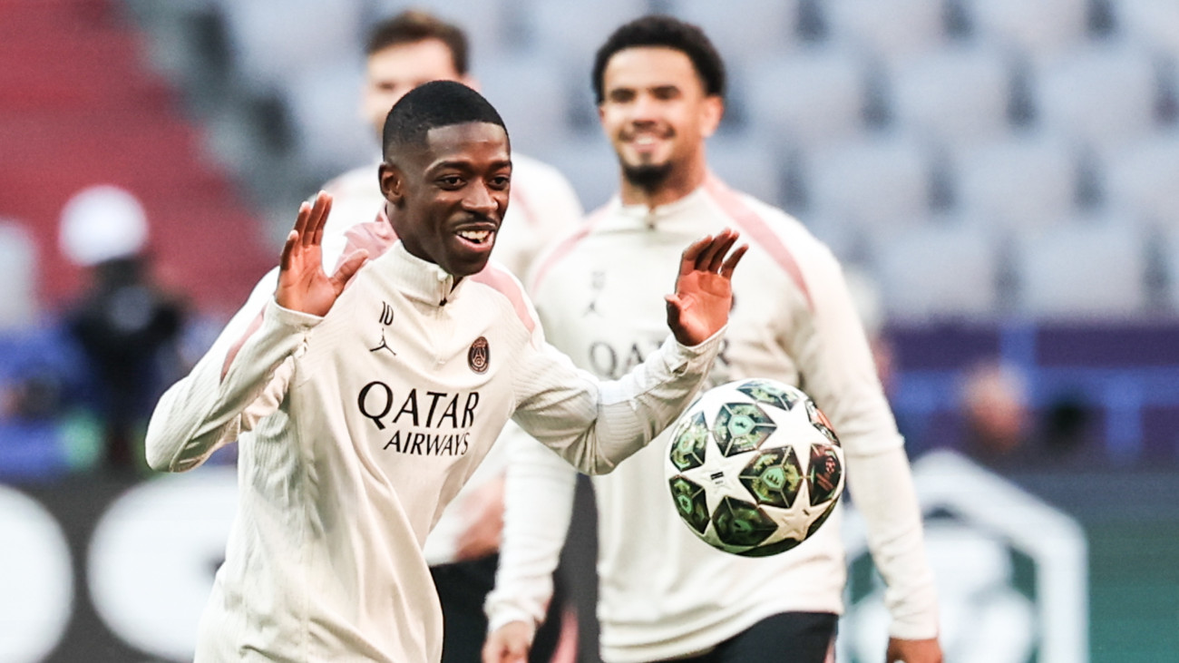 Ousmane Dembele, a Paris Saint-Germain játékosa csapata edzésén Münchenben 2025. május 30-án, egy nappal a labdarúgó Bajnokok Ligája Paris Saint-Germain - Internazionale döntője előtt.
