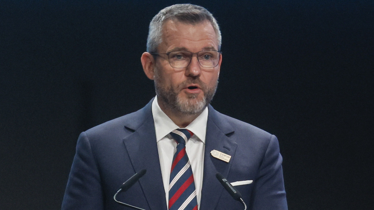 Peter Pellegrini szlovák elnök beszél az ENSZ 29. nemzetközi éghajlatváltozási konferenciáján (COP29) Bakuban 2024. november 12-én. A nemzetközi tanácskozást november 11. és 22. között rendezik az azeri fővárosban.