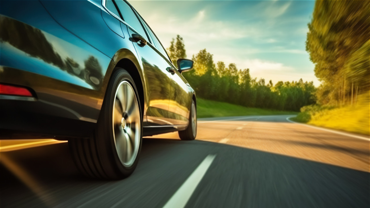 Low angle side view of car rushes along the highway at sunset