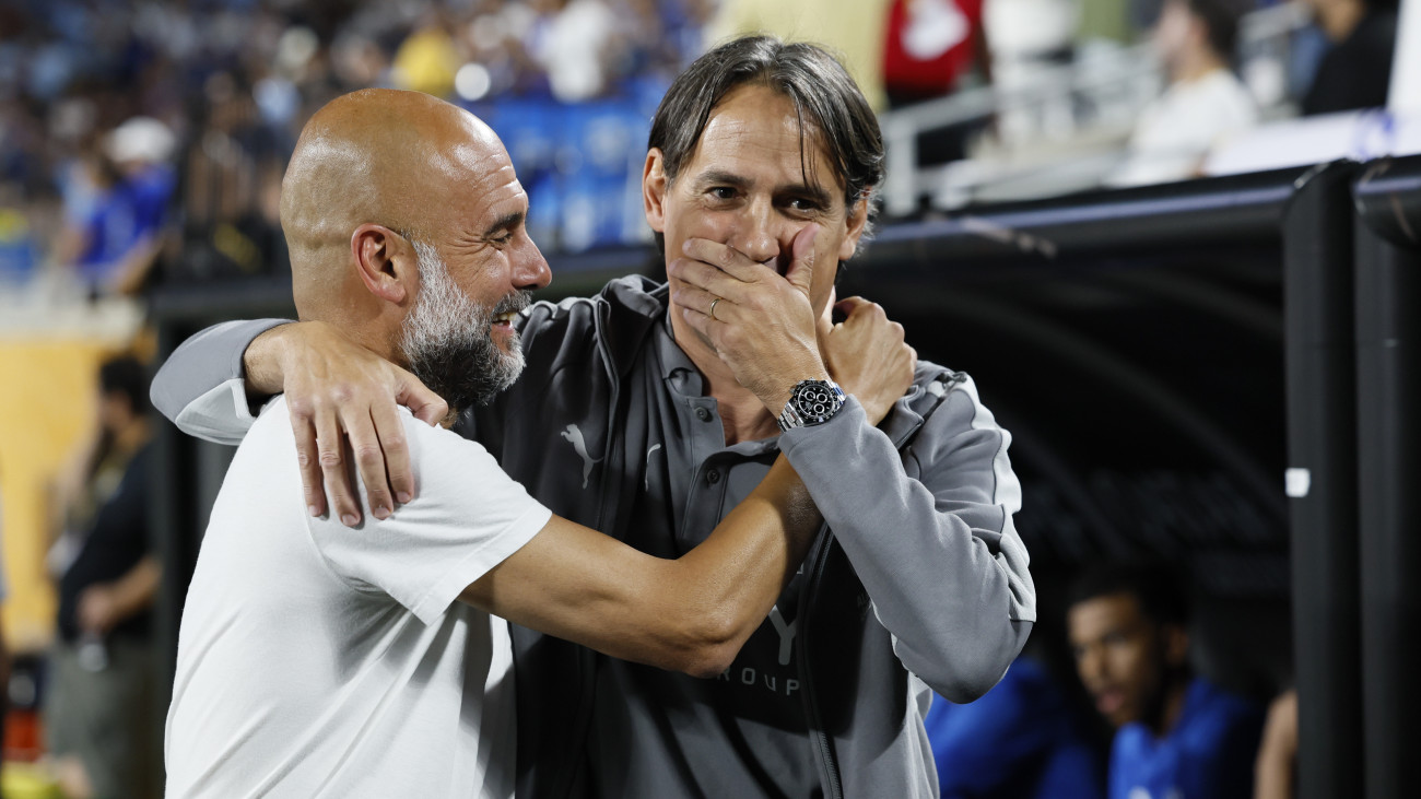 ORLANDO, FLORIDA - JUNE 30: Pep Guardiola, Manager of Manchester City and Simone Inzaghi, head coach of Al Hilal on the side line before the FIFA Club World Cup 2025 round of 16 match between Manchester City and Al-Hilal at Camping World Stadium on June 30, 2025 in Orlando, Florida. (Photo by Richard Sellers/Sportsphoto/Allstar via Getty Images)