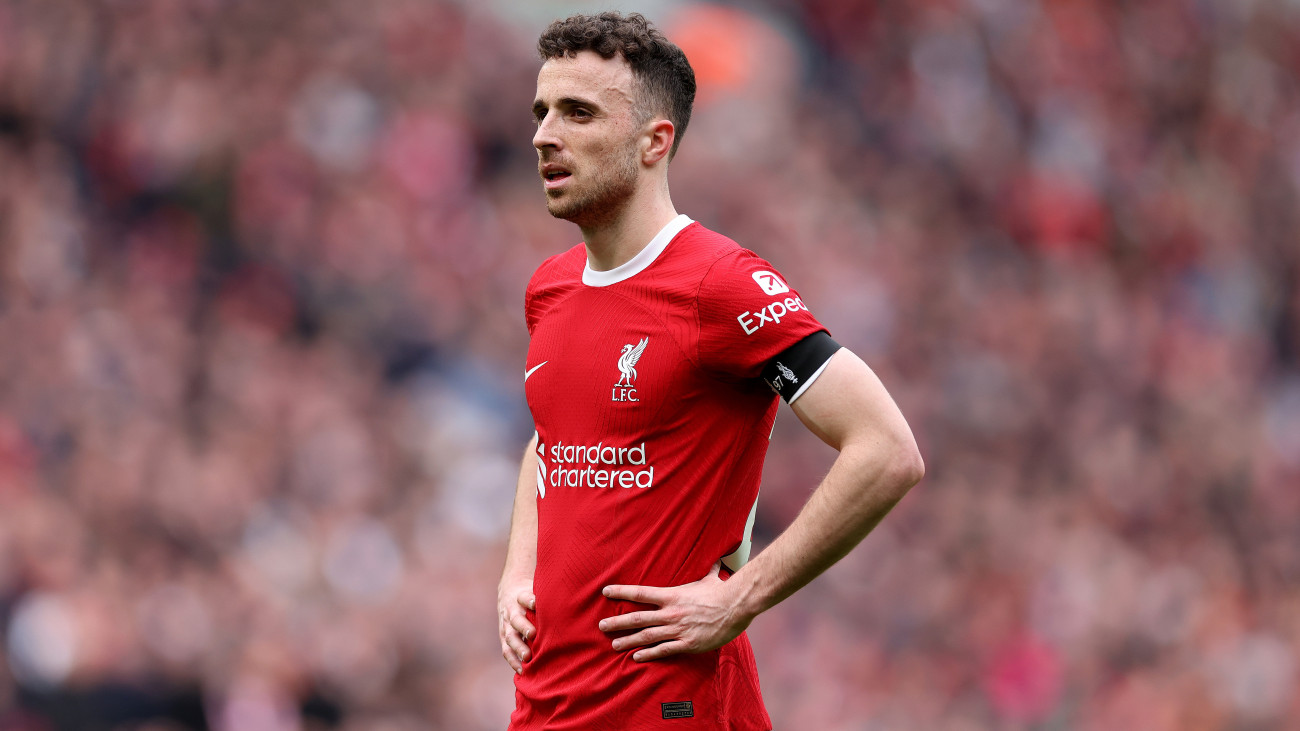 LIVERPOOL, ENGLAND - APRIL 14: Diogo Jota of Liverpool in action during the Premier League match between Liverpool FC and Crystal Palace at Anfield on April 14, 2024 in Liverpool, England. (Photo by Michael Steele/Getty Images)