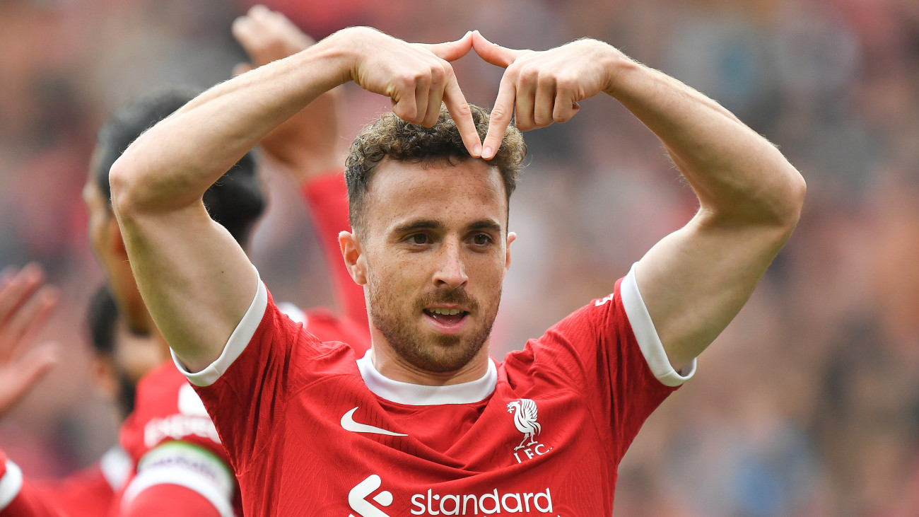 LIVERPOOL, ENGLAND - SEPTEMBER 24:  Liverpools Diogo Jota celebrates his teams third goal during the Premier League match between Liverpool FC and West Ham United at Anfield on September 24, 2023 in Liverpool, England. (Photo by Dave Howarth - CameraSport via Getty Images)