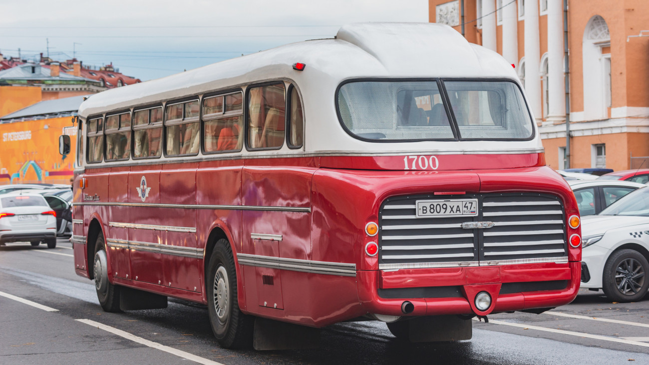 Saint Petersburg, Russia - October 05, 2021: Touristic bus Ikarus Lux in the historical city center.