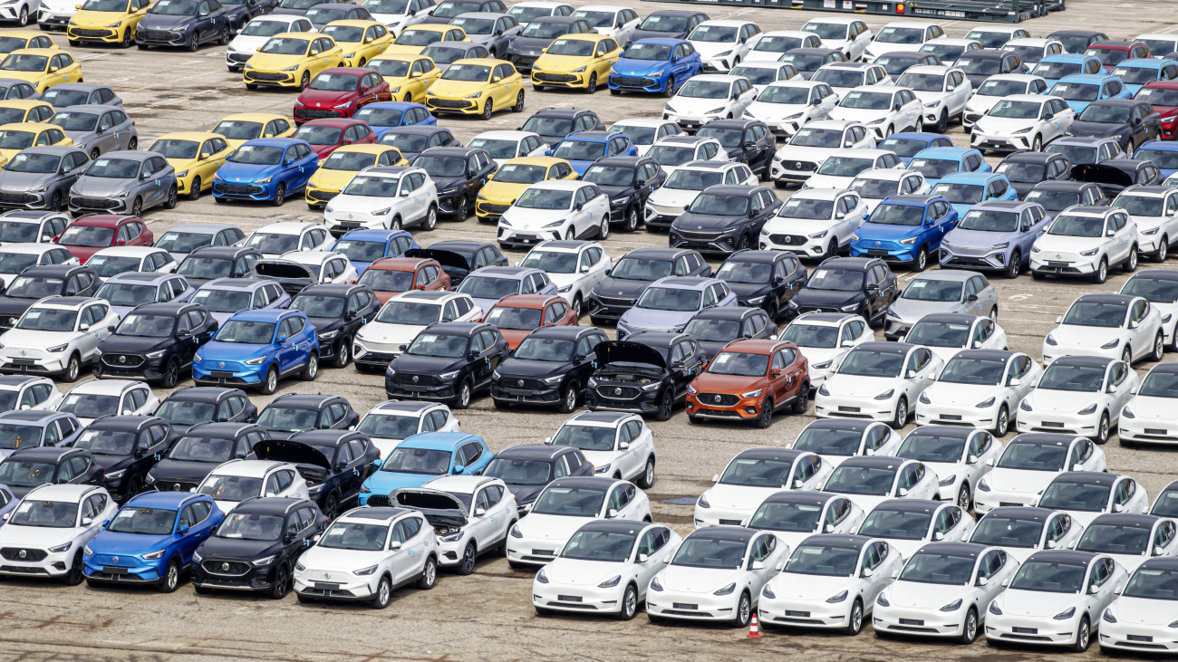 Barcelona, Spain, Catalonia, Port of Barcelona, aerial view, Chinese MG SAIC Motor imported new cars storage. (Photo by: Jeffrey Greenberg/Universal Images Group via Getty Images)