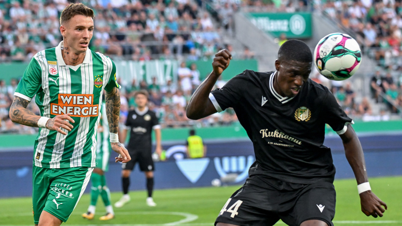 Samsindin Ouro, a Győr (j), és Bolla Bendegúz, a Rapid Wien játékosa a labdarúgó Konferencia-liga selejtezőjének negyedik fordulójában játszott Rapid Wien - ETO FC visszavágó mérkőzésen a bécsi Allianz Stadionban 2025. augusztus 28-án.