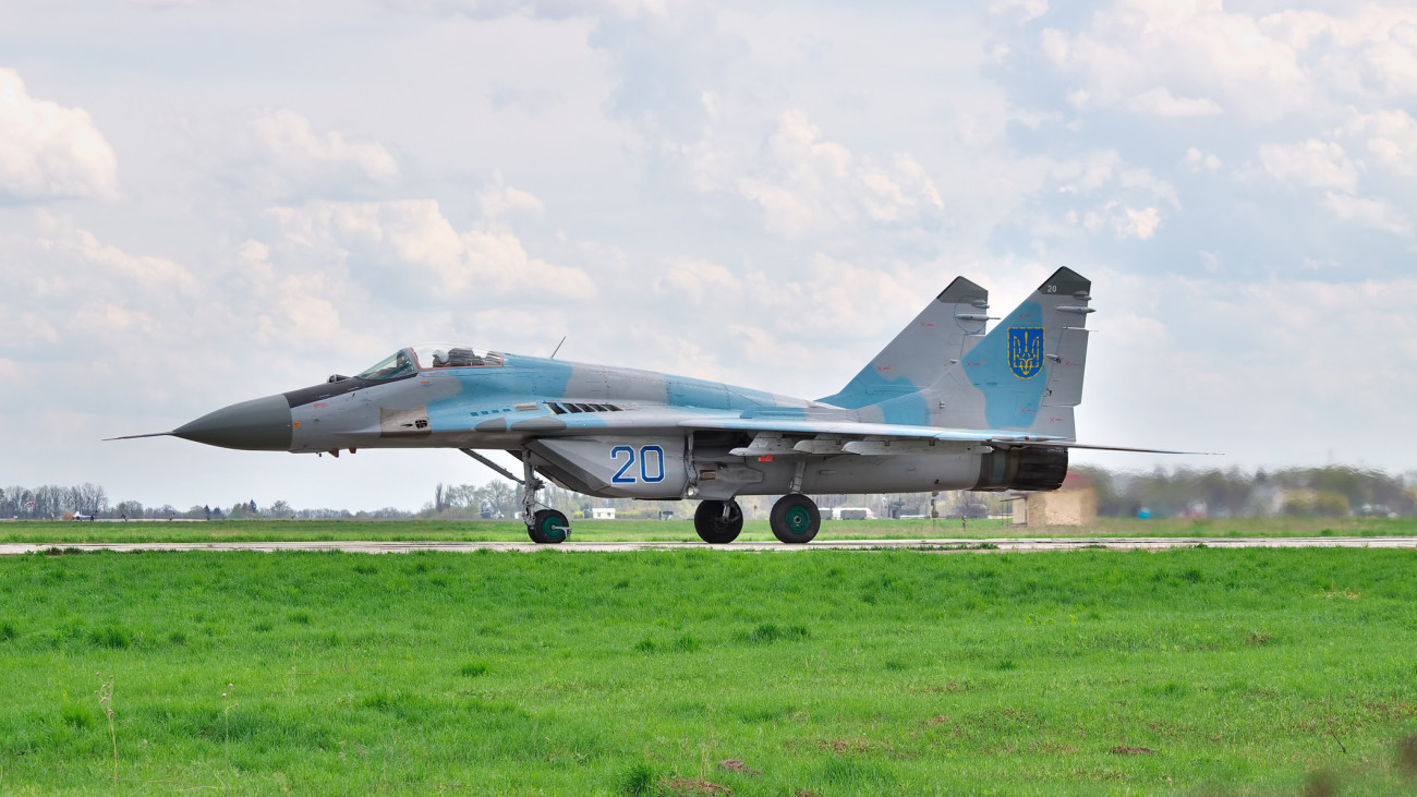 Vasilkov, Ukraine - April 24, 2012: Ukrainian Air Forces MiG-29 fighters during the training flights