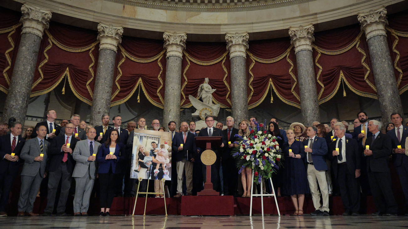 Speaker of the House Mike Johnson (R-LA) is surrounded by members of the House of Representatives a he speaks during a memorial vigil for conservative leader and Turning Point USA founder Charlie Kirk in Statuary Hall at the U.S. Capitol on September 15, 2025 in Washington, DC. One of the most prominent young voices in the MAGA movement, Kirk was assassinated last week at Utah Valley University during the first stop on a cross-country public debate tour.