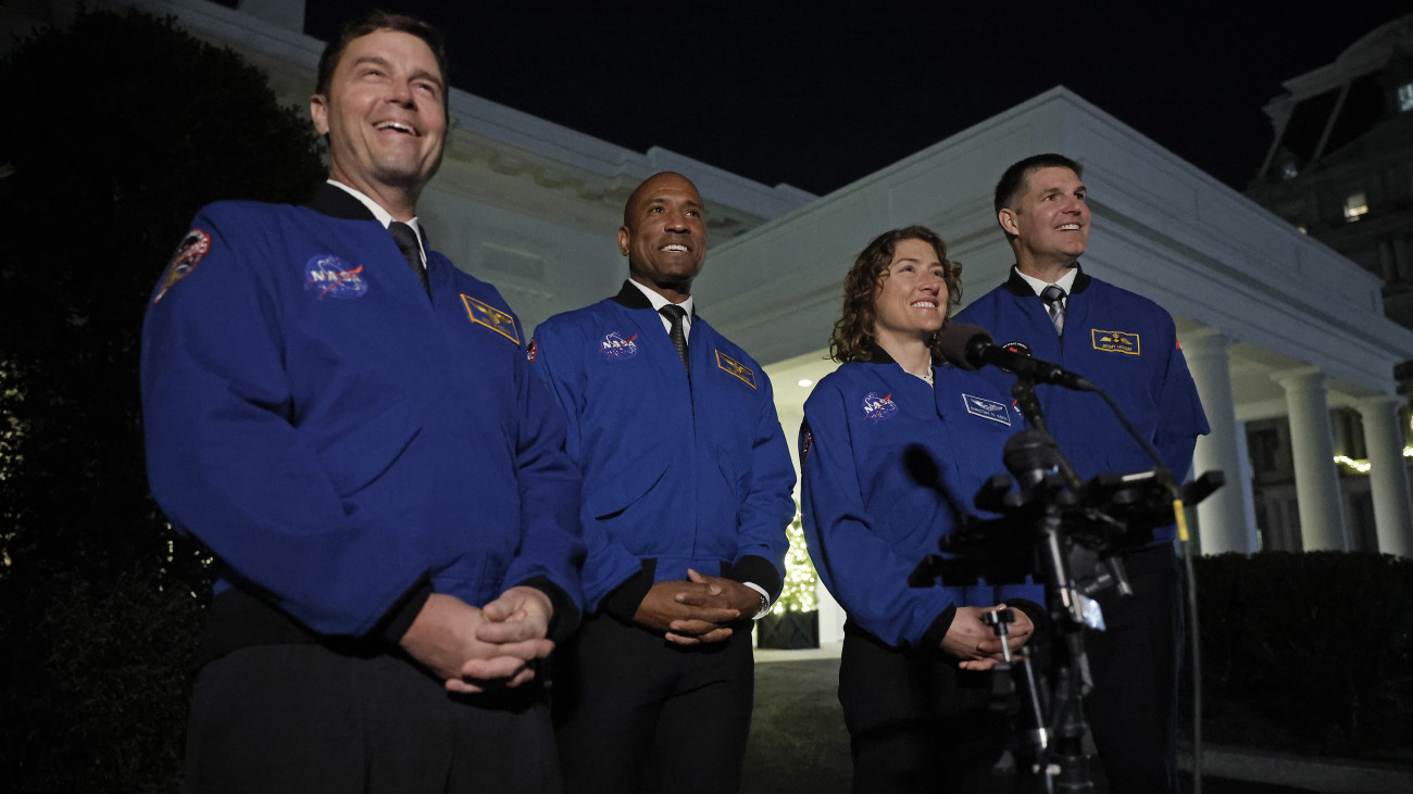 WASHINGTON, DC - DECEMBER 14: (L-R) Artemis II Commander Reid Wiseman, Pilot Victor Glover, Mission Specialist Christina Koch and Mission Specialist Jeremy Hansen talk to reporters outside the West Wing after meeting with President Joe Biden at the White House on December 14, 2023 in Washington, DC. The Artemis II mission is scheduled to launch for the moon in November of 2024. (Photo by Chip Somodevilla/Getty Images)