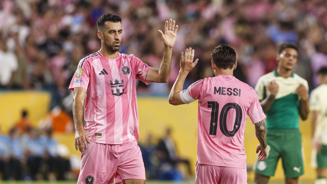 MIAMI GARDENS, FLORIDA - JUNE 23: Sergio Busquets (L) and Lionel Messi of Inter Miami CF (R) celebrate the goal of his teammate Tadeo Allende (not in the image) during the FIFA Club World Cup 2025 group A match between Internacional CF Miami and SE Palmeiras at Hard Rock Stadium on June 23, 2025 in Miami Gardens, Florida. (Photo by MartĂ­n Fonseca/Eurasia Sport Images/Getty Images)