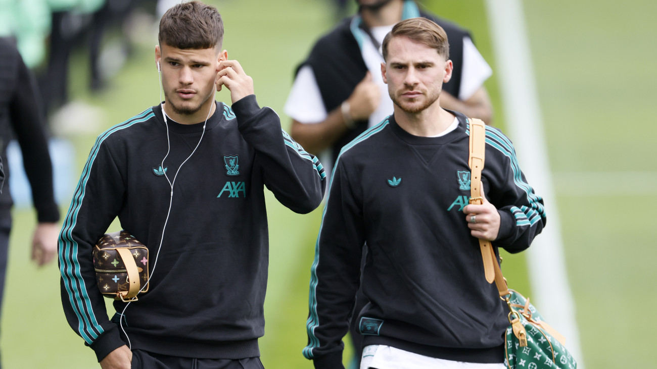 Liverpools Milos Kerkez (left) and Alexis Mac Allister arrive at the ground ahead of the Premier League match at Turf Moor, Burnley. Picture date: Sunday September 14, 2025. (Photo by Richard Sellers/PA Images via Getty Images)