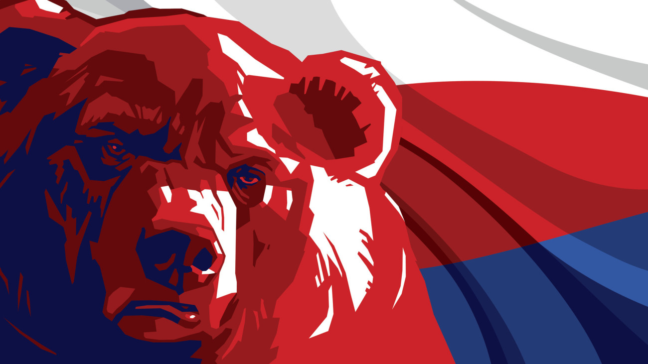 Angry bear against the backdrop of the Russian flag