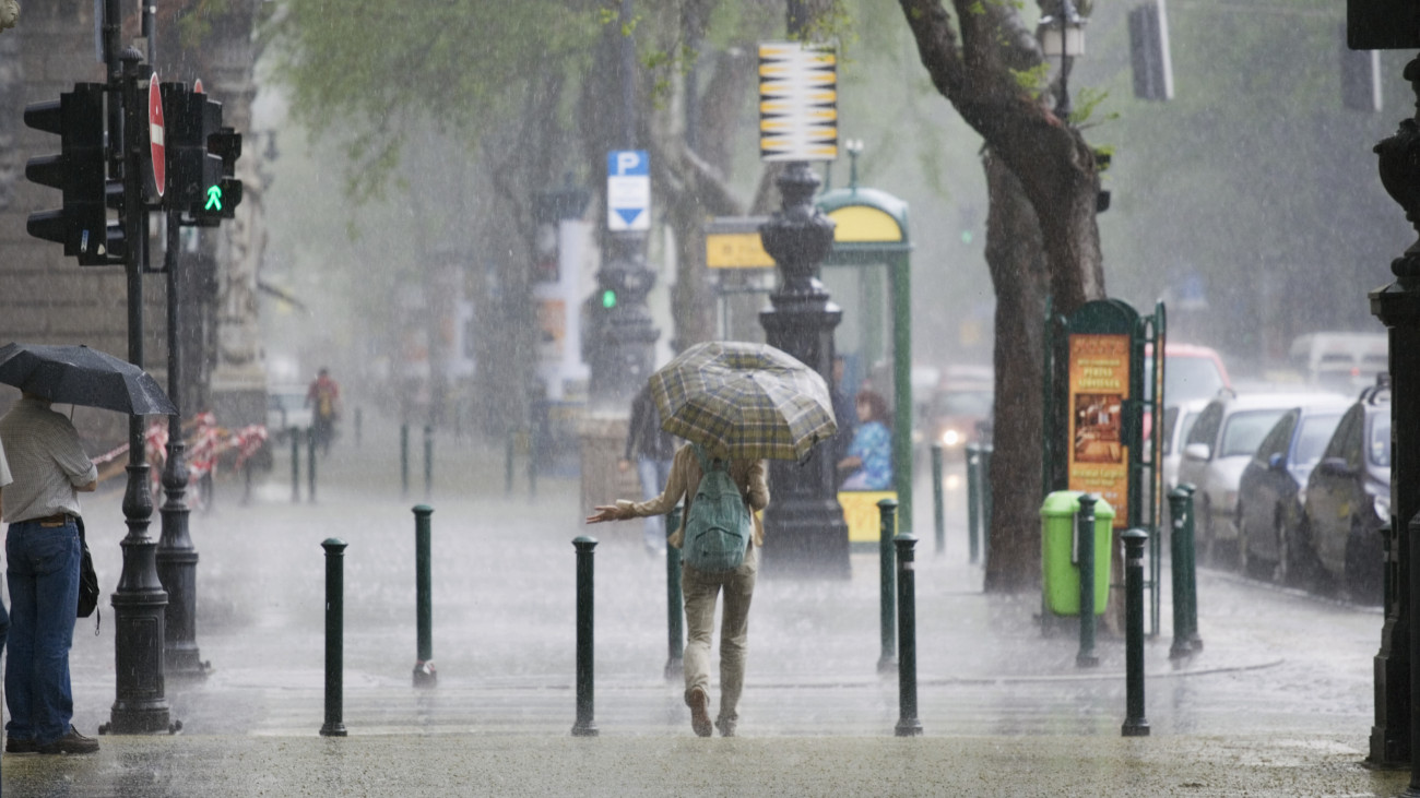 A rainstorm on Andrassy Street in Budapest, Hungary.