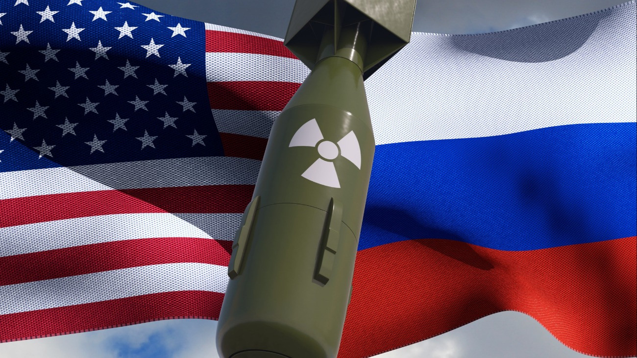 USA VS Russia conflict. Square flags. Nuclear weapons. Cold war illustration. 3D render