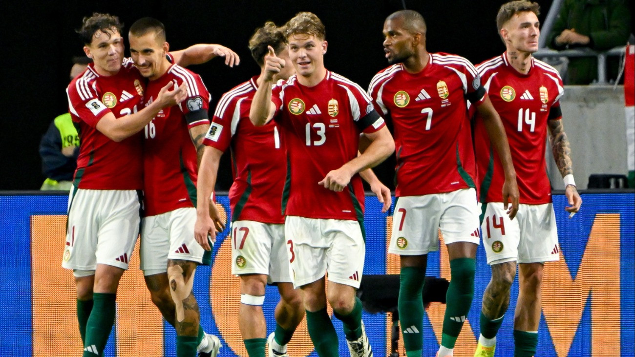 A magyar csapat gólöröme a Magyarország - Örményország labdarúgó világbajnoki selejtezõ mérkõzésen a Puskás Arénában 2025. október 11-én. Balról a gólszerzõ Lukács Dániel (b2).