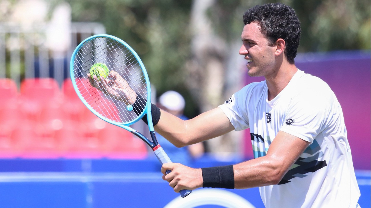 ANTALYA, TURKEY - JUNE 23: Goncalo Oliveira of Portugal in action during a qualifying match within Turkish Airlines Antalya Open Tennis Tournament at Kaya Palazzo Hotel in Antalya, Turkey on June 23, 2019. (Photo by Orhan Cicek/Anadolu Agency/Getty Images)