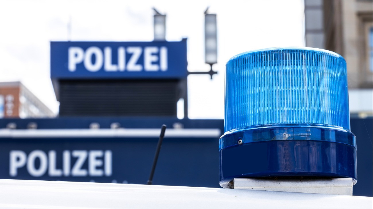 Police light on a car of the German police in front of a police station at Alexanderplatz, in the center of the German capital Berlin