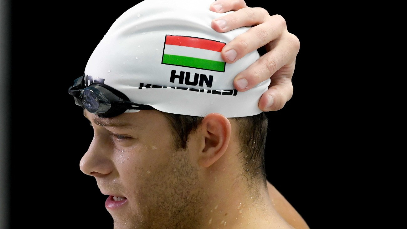 Kenderesi Tamás a 100 méteres pillangóúszás döntõje után az úszók országos bajnokságán a budapesti Duna Arénában 2021. március 27-én.