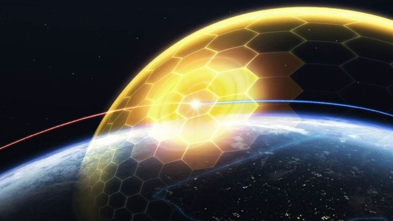 Az Aranykupola rakétavédelmi rendszer fantázia képe.