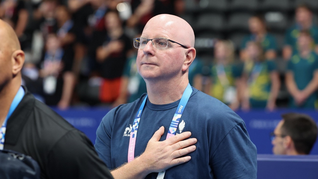 NANTERRE, FRANCE - AUGUST 03: American swimming coach Bob Bowman reacts during the Swimming medal ceremony after the Womens 800m Freestyle Final on day eight of the Olympic Games Paris 2024 at Paris La Defense Arena on August 03, 2024 in Nanterre, France. (Photo by Xavier Laine/Getty Images)