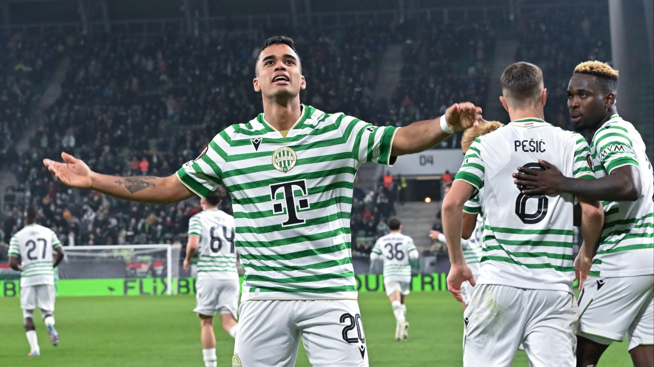 Cadu (b), a Ferencváros gólszerzõje a labdarúgó Európa-liga alapszakaszának 4. fordulójában játszott Ferencvárosi TC - Ludogorec mérkõzésen a Groupama Arénában 2025. november 6-án.