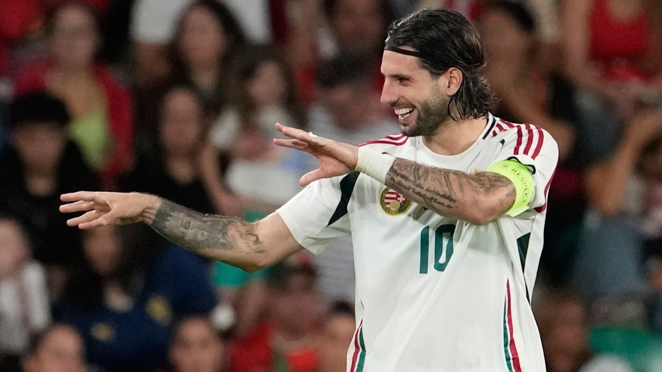 Szoboszlai Dominik ünnepel, miután 2-2-re egyenlített a Portugália - Magyarország labdarúgó világbajnoki selejtezõ mérkõzésen a lisszaboni Estádio José Alvalade stadionban 2025. október 14-én.