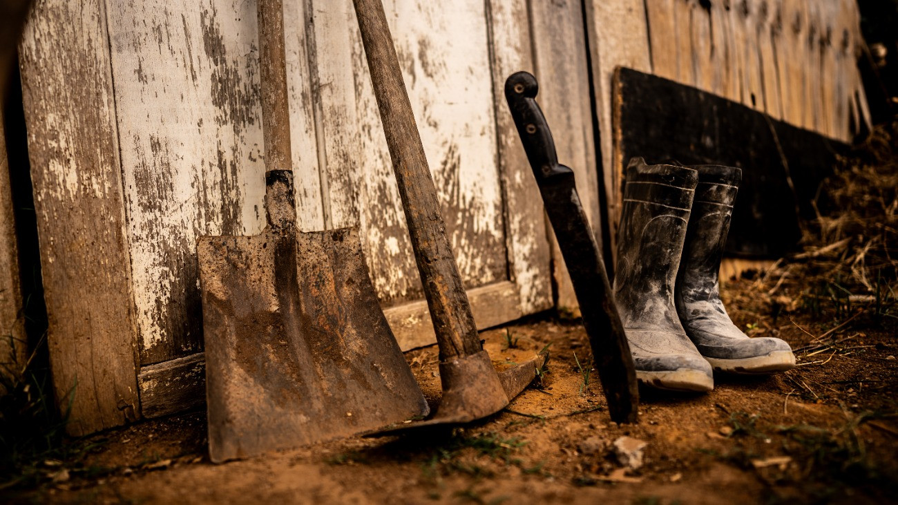 Kerti szerszámok – ásó, csákány, bozótvágókés – egy fészernek támasztva.