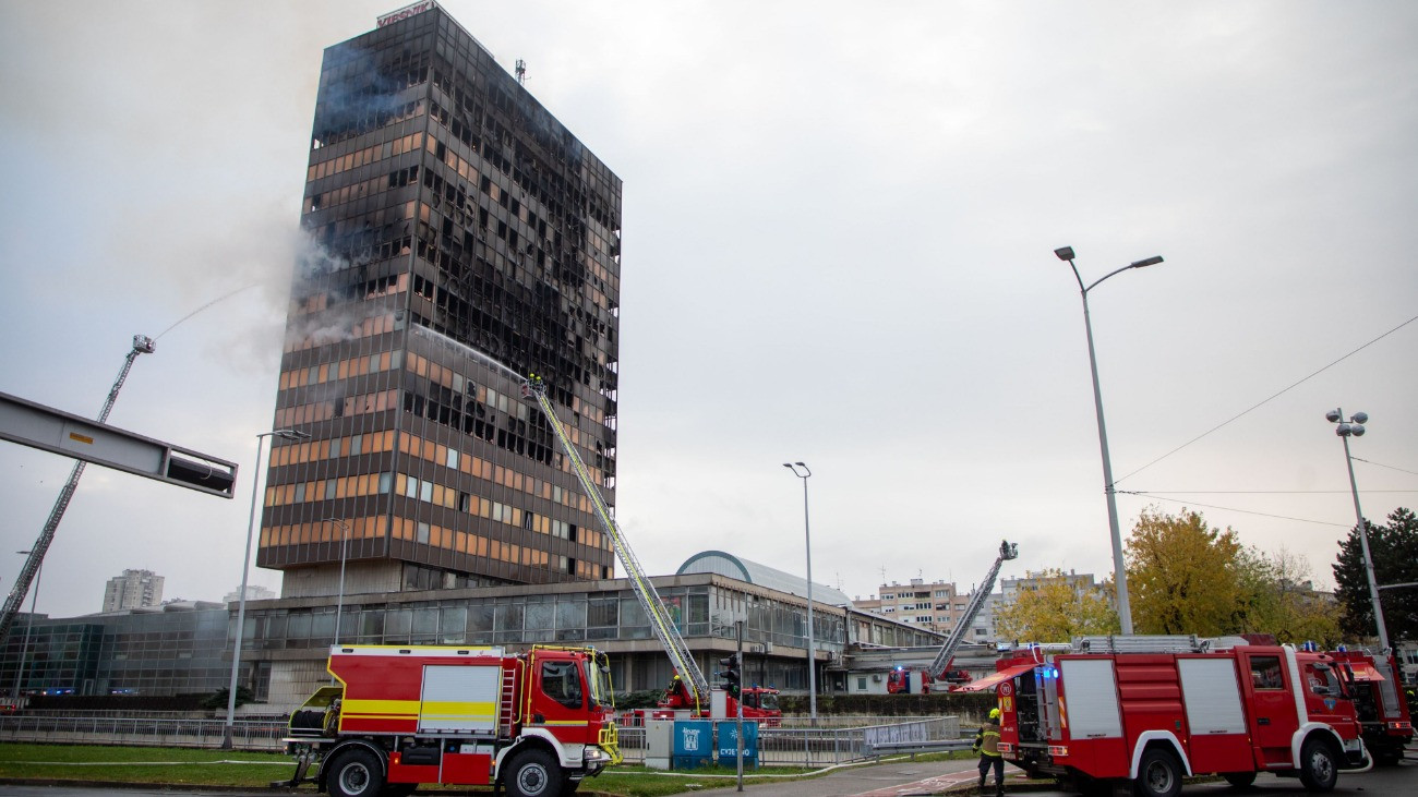 ZAGREB, CROATIA -  NOVEMBER 18: Firefighting efforts continue at the skyscraper in Zagreb, the capital of Croatia, where a fire broke out during the night on November 18, 2025. (Photo by Stipe Majic/Anadolu via Getty Images)