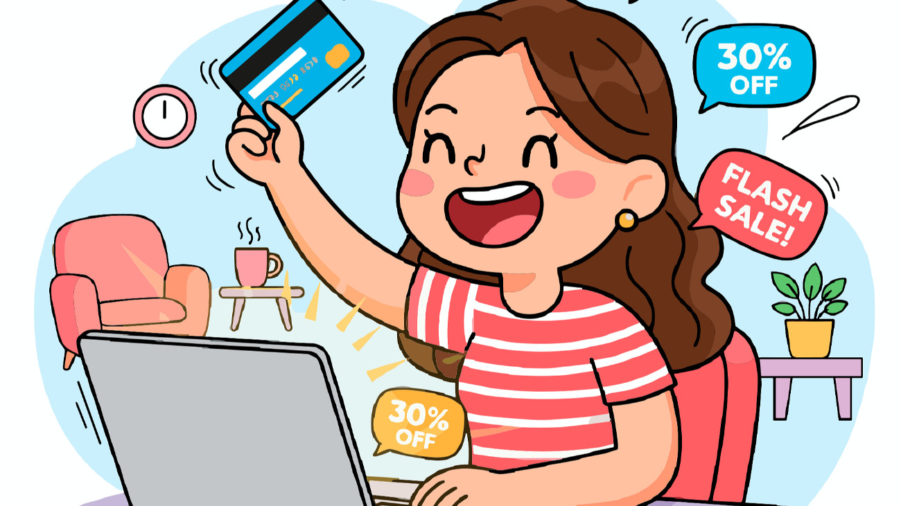 A rajz egy online vásároló fiatal nőt ábrázol, aki a beígért kedvezményektől megmámorosodva költekezik, eközben bankkártyájával hadonászik.