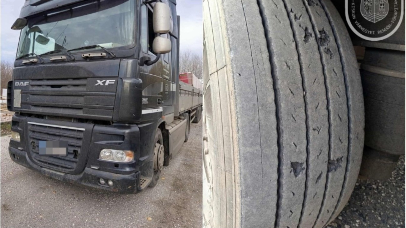 Kamion és a jármű veszélyes állapotban lévő gumiabroncsa.