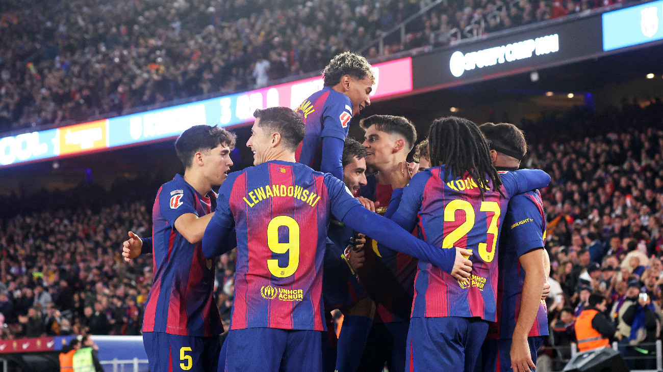 FC Barcelona players celebrate during the match between FC Barcelona and Athletic Club, corresponding to week 13 of LaLiga EA Sports, played at the Spotify Camp Nou in Barcelona, Spain, on November 22, 2025.