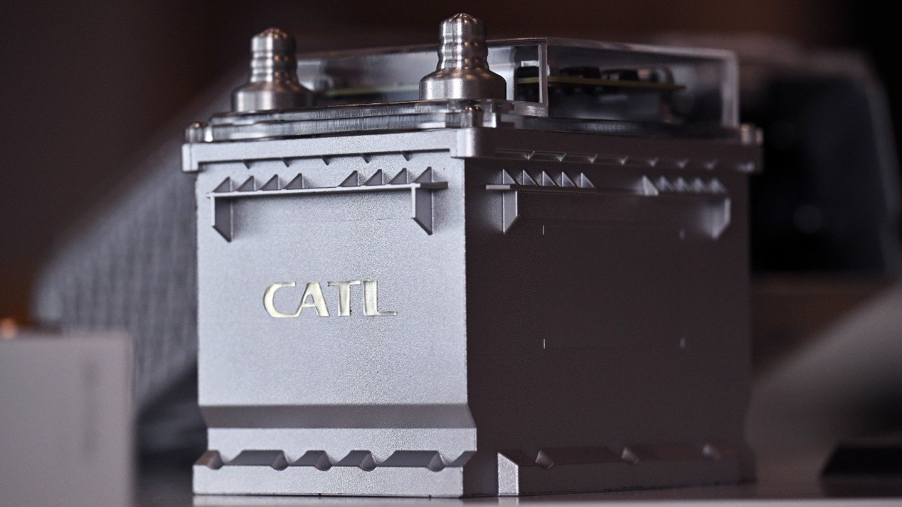 PRODUCTION - 14 October 2025, Thuringia, Arnstadt: The logo can be seen on a product from the Chinese battery manufacturer CATL. Contemporary Amperex Technology Thuringia GmbH supplies various car manufacturers in Germany and Europe. CATL claims to be one of the largest producers of battery cells in the world. Arnstadt is the companys first plant outside China. Photo: Martin Schutt/dpa (Photo by Martin Schutt/picture alliance via Getty Images)