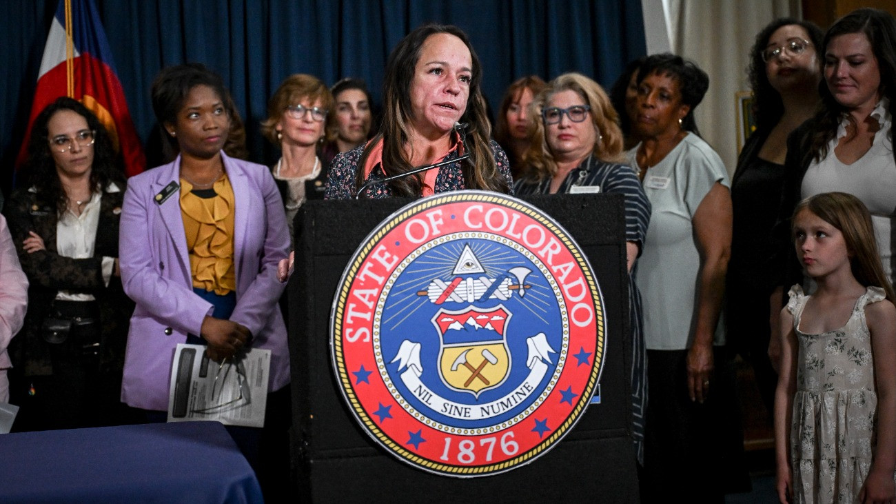 DENVER, CO - APRIL 24: Sen. Faith Winter speaks during a press conference at the Colorado State Capitol Building in Denver on Thursday, April 24, 2025. Gov. Jared Polis signed both SB25-129 and SB25-183. (Photo by AAron Ontiveroz/The Denver Post)