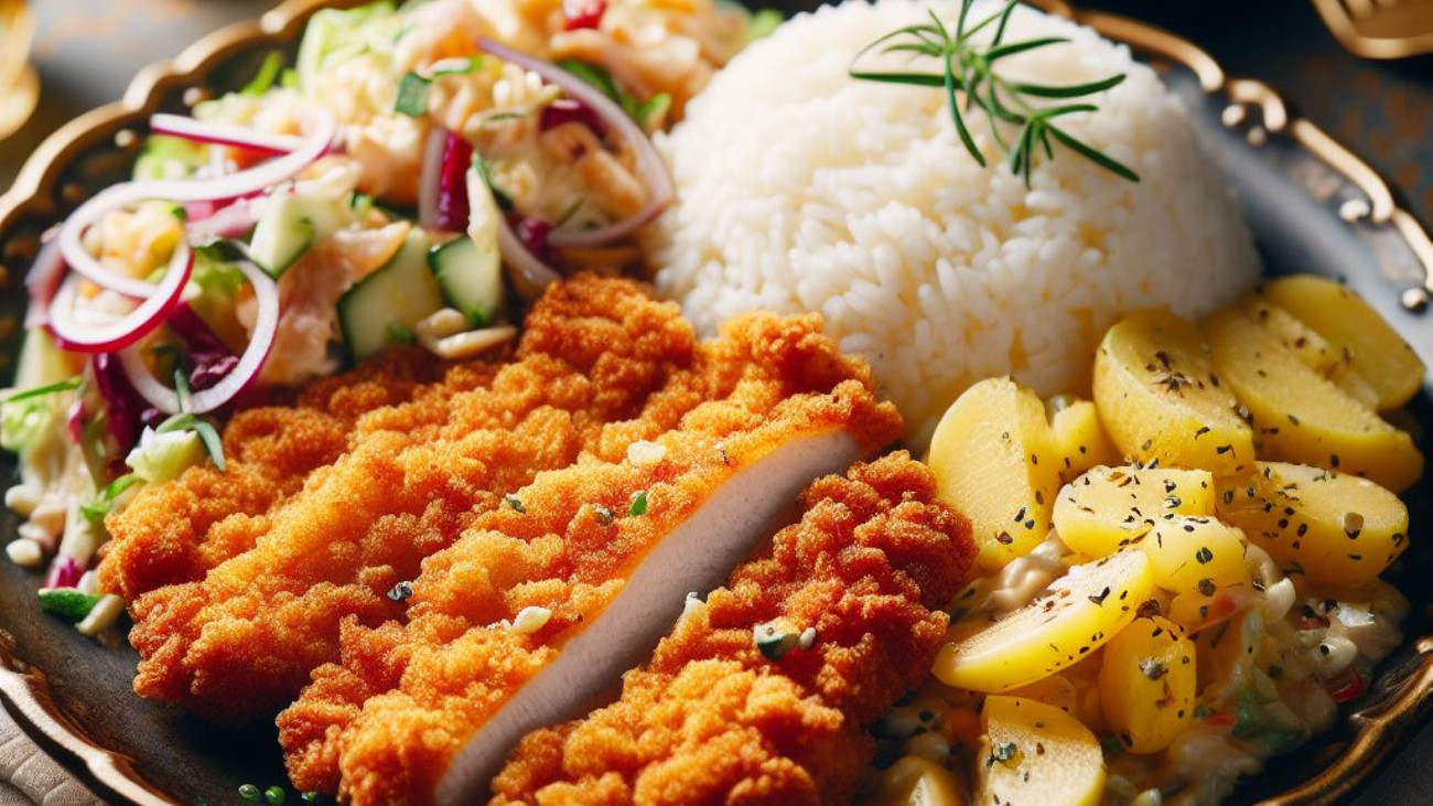 A magyarok kedvenc étele, a rántott hús egy tányéron, mellette rizs, burgonya és saláta.