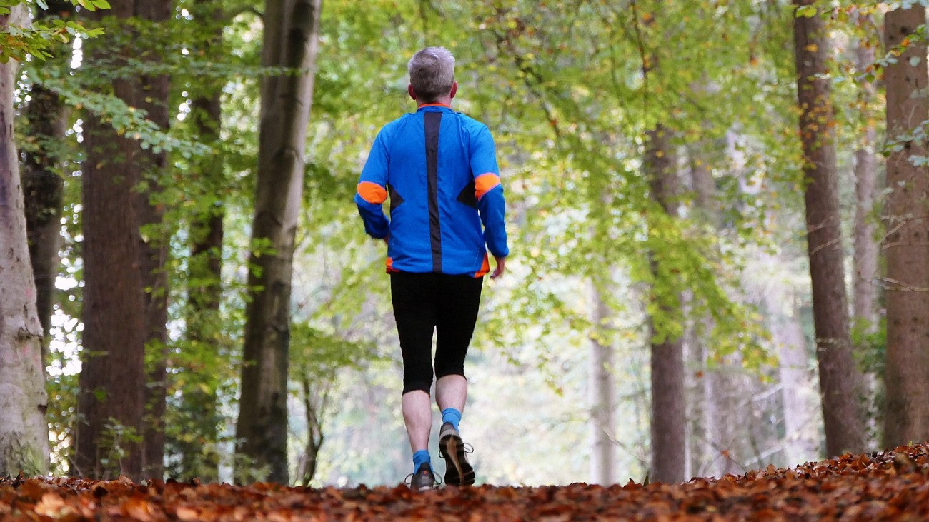 Egy idősebb ember fut egy erdőben, a fénykép hátulról készült róla.