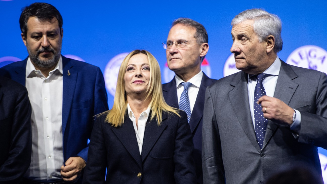 NAPLES, ITALY - NOVEMBER 14: Maurizio Lupi, leader of Noi Moderati, Matteo Salvini, Minister of Infrastructure and Transport and leader of the Lega, Giorgia Meloni, Prime Minister and leader of Fratelli dItalia, Edomondo Cirielli and Antonio Tajani, Ministers of Foreign Affairs during an electoral rally in view of the Regional Elections at Palapartenope on November 14, 2025 in Naples, Italy. Center-right leaders gathered in Naples to support Edmondo Ciriellis candidacy for President of the Campania Region in the regional elections on November 23 and 24, 2025. In attendance were Giorgia Melone, Prime Minister and leader of the Fratelli dItalia party, Matteo Salvini, leader of the Lega party, Antonio Tajani, leader of Forza Italia, and Maurizio Lupi, leader of Noi Moderati. Prime Minister Giorgia Meloni jumped up and down to the chant Whoever doesnt jump is a communist! sung by the audience at the end of the rally. (Photo by Ivan Romano/Getty Images)