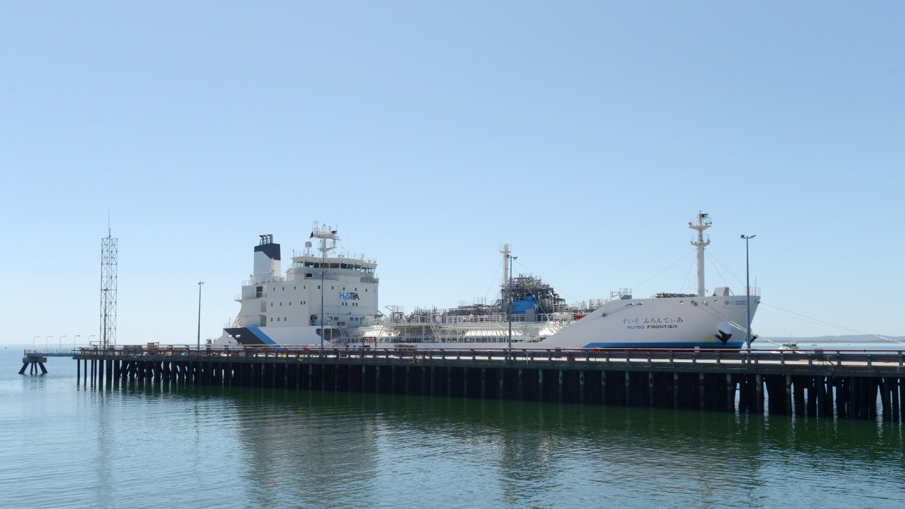 The Suiso Frontier liquid hydrogen carrier moored at the Port of Hastings in Hastings, Victoria, Australia, on Friday, Jan. 21, 2022. The first ever liquid hydrogen shipment promises a new era of fuel exports for a world thats curbing emissions, though huge challenges remain to deliver a rival to established clean energy sources.