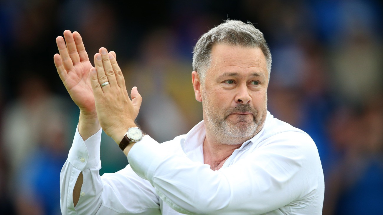 STOCKPORT, ENGLAND - MAY 15:  Mark Stott the owner of Stockport County celebrates after the Vanarama National League match between Stockport County and FC Halifax Town at Edgeley Park on May 15, 2022 in Stockport, England.
