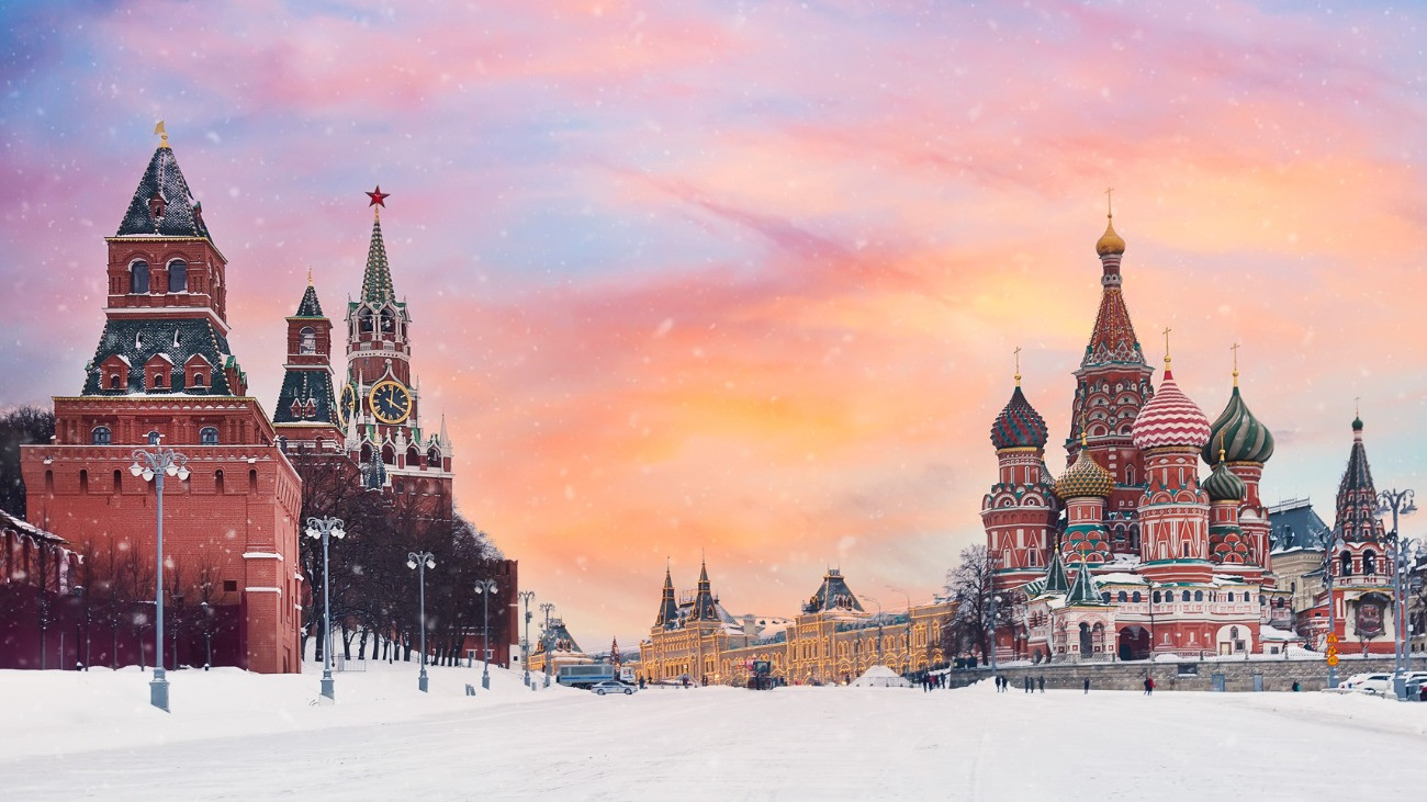 View of Kremlin and St. Basil Cathedral at the Red Square during sunset in winter