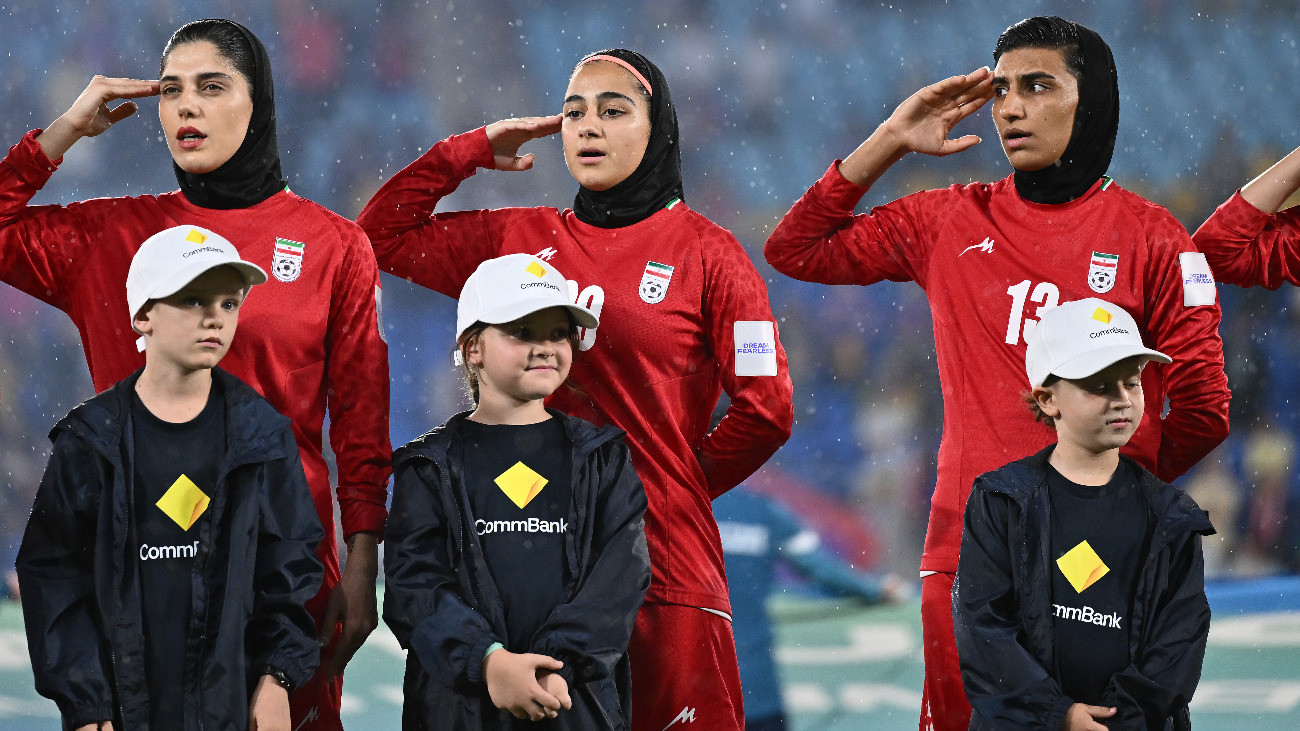 GOLD COAST, AUSTRALIA - MARCH 08: Islamic Republic of Iran sing the national anthem during the AFC Womens Asian Cup Australia 2026 match between Islamic Republic of Iran and Philippines at Gold Coast Stadium on March 08, 2026 in Gold Coast, Australia. (Photo by Albert Perez/Getty Images)