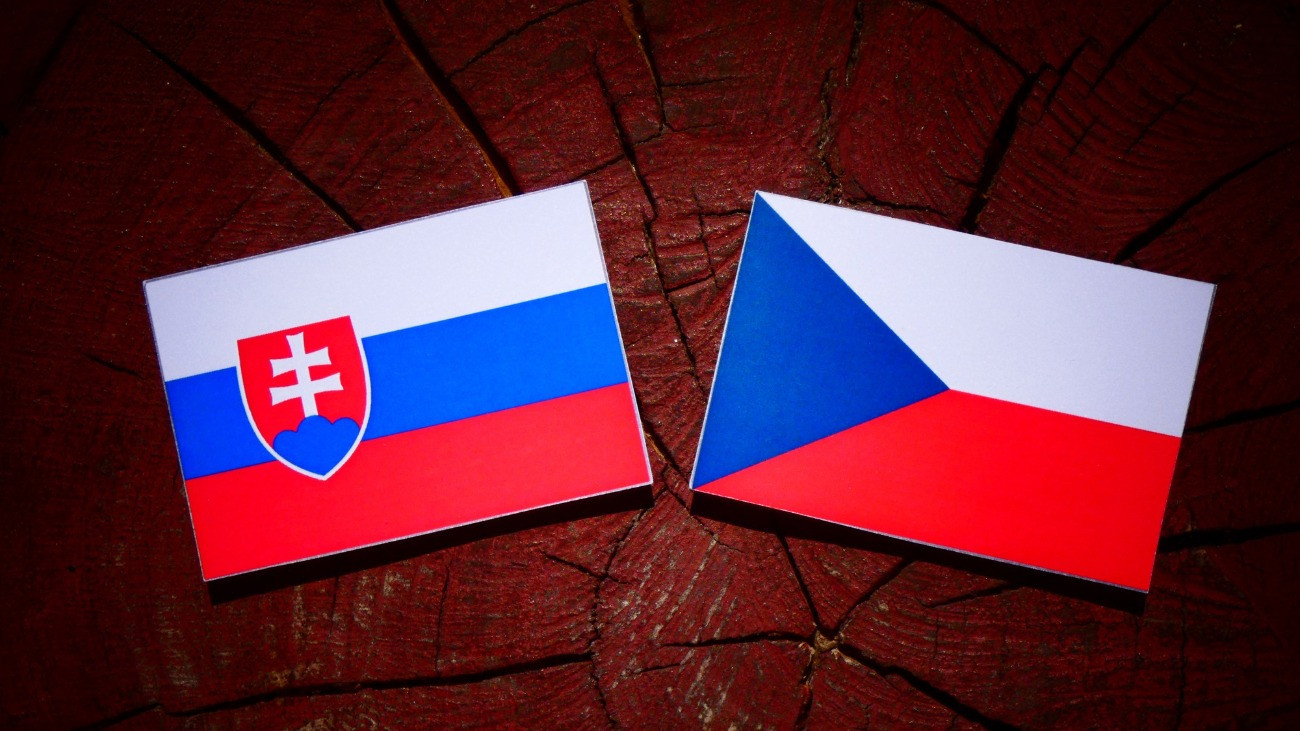 Slovakian flag with Czech flag on a tree stump isolated