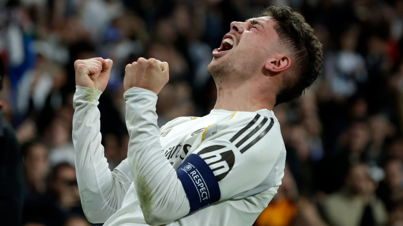 Fede Valverde, a Real Madrid játékosa ünnepli gólját a labdarúgó Bajnokok Ligája nyolcaddöntõjének Real Madrid-Manchester City elsõ mérkõzésén Madridban 2026. március 11-én.