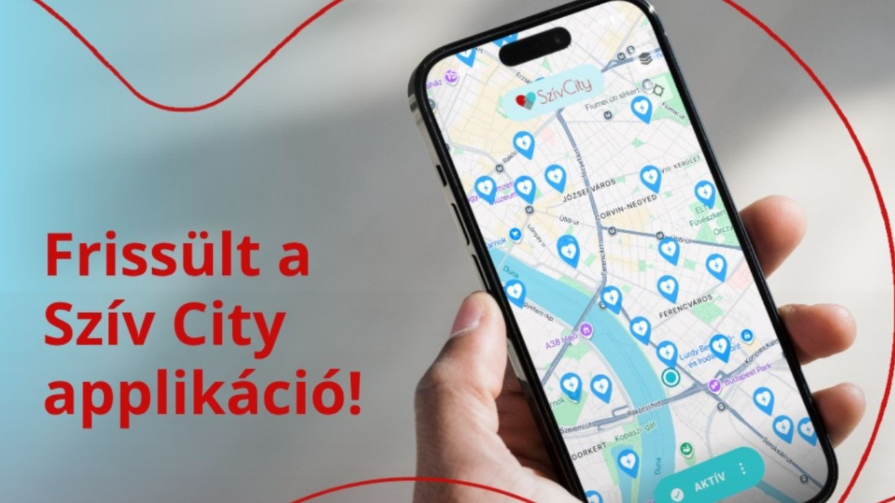 A Szív City applikáció egy mobiltelefonon.