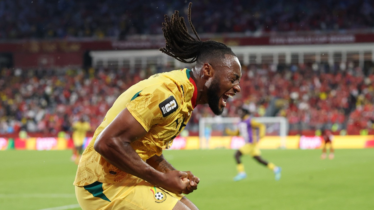 TORONTO, ONTARIO - JUNE 17: Antoine Semenyo #11 of Ghana celebrates the teams first goal scored by Caleb Yirenkyi #3 (not pictured) during the FIFA World Cup 2026 Group L match between Ghana and Panama at Toronto Stadium on June 17, 2026 in Toronto, Ontario. (Photo by Darrian Traynor/Getty Images)