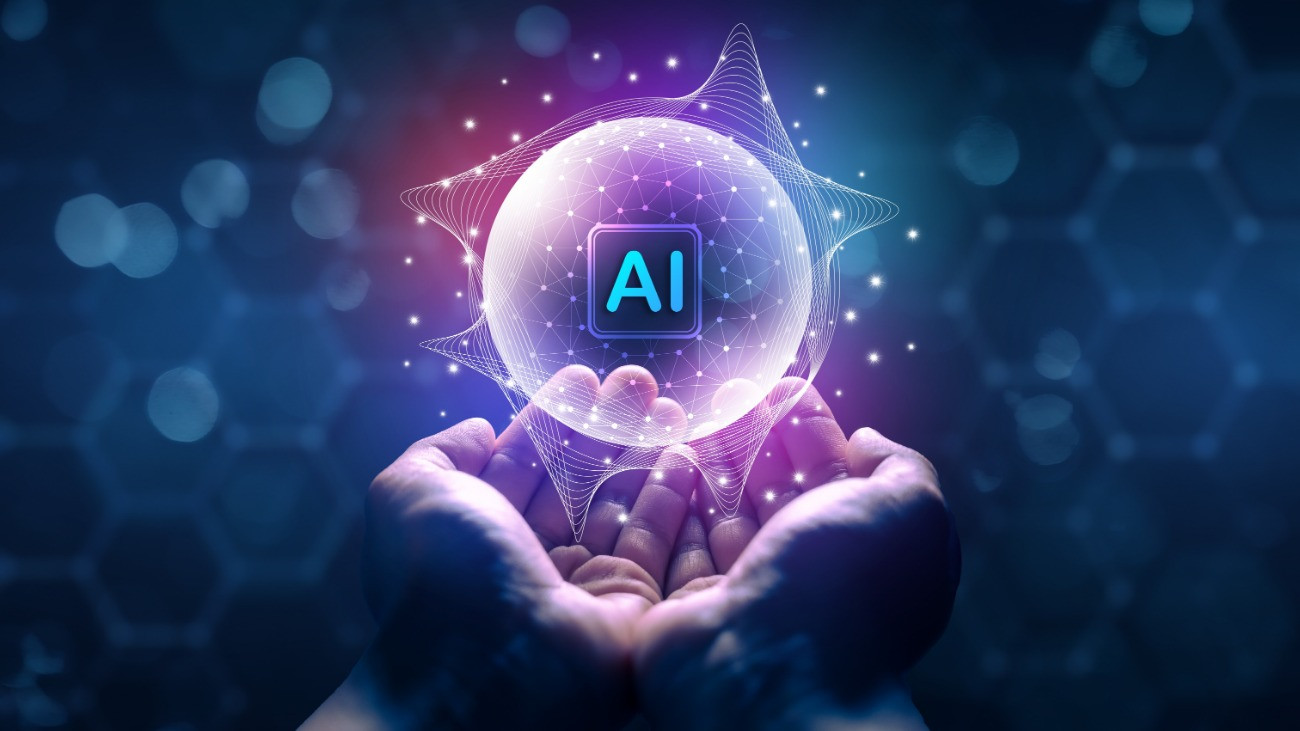 Emberi kéz egy földgömbszerű buborékot lebegtet, a közepén AI felirat világít // Human Hand Holding Artificial Intelligence Sphere in Digital Space Futuristic AI Concept with Glowing Network Sphere in Hand. Technology Innovation and Human Control of Artificial Intelligence AI Power in Human Hands Digital Transformation Concept. Artificial Intelligence Sphere Surrounded by Network Lines and Human Touch