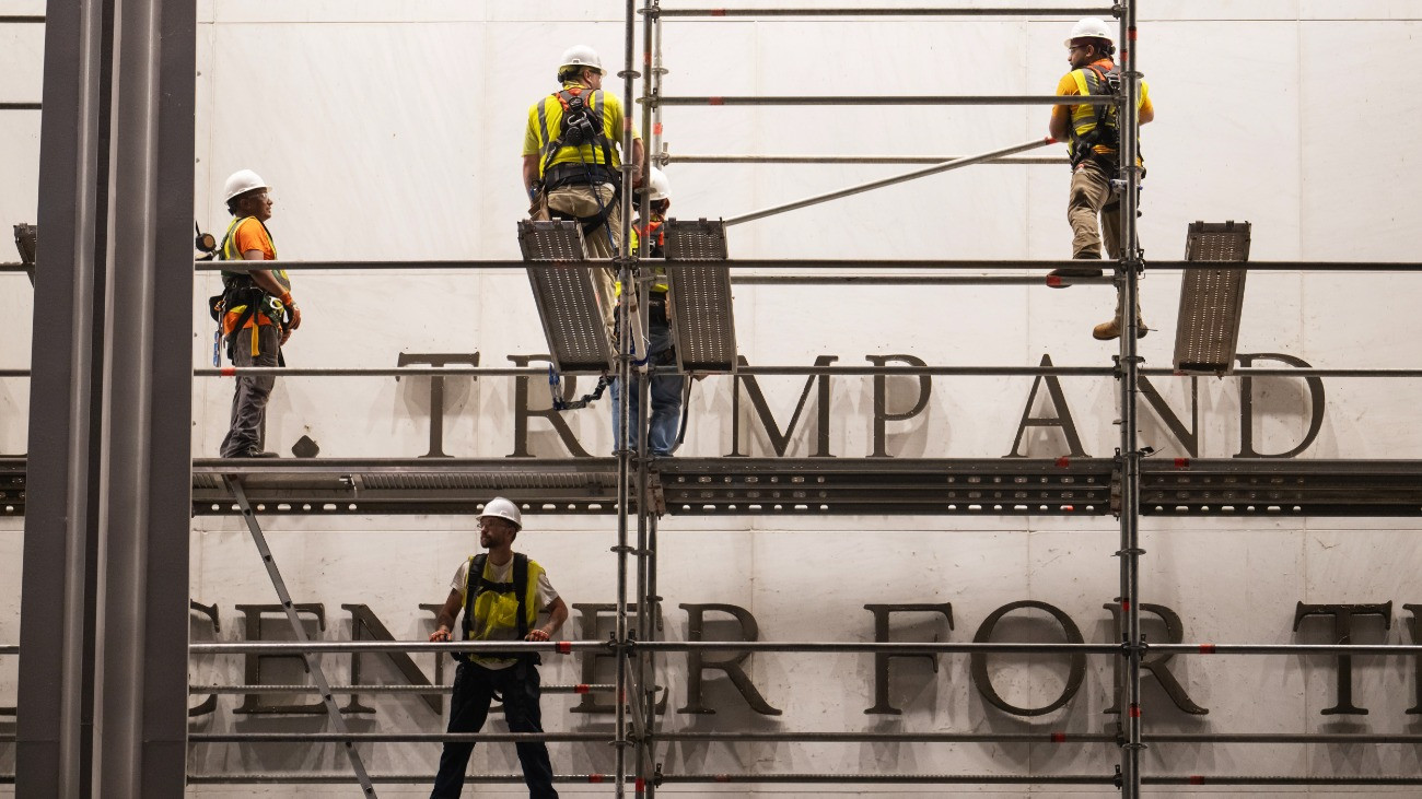 WASHINGTON, DC - June 13: Workers put up scaffolding prior to the removal of President Donald Trumps name from the Kennedy Center on June 12, 2026 in Washington, DC.(Photo by Craig Hudson for The Washington Post via Getty Images)