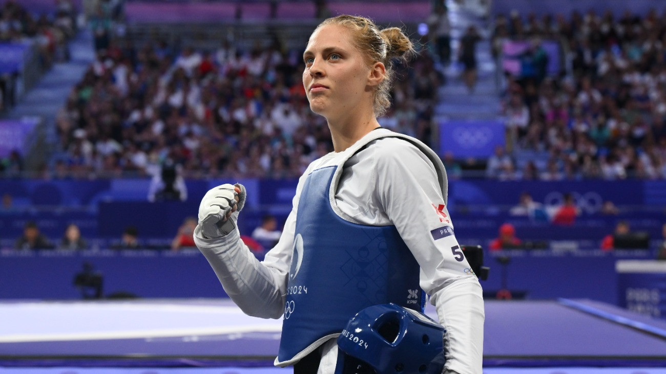 Márton Viviana a nõi tekvondósok 67 kilogrammos versenyének elõdöntõjében a 2024-es párizsi nyári olimpián a Grand Palais kiállítócsarnokban 2024. augusztus 9-én. Márton Viviana gyõzött, ezzel döntõs.