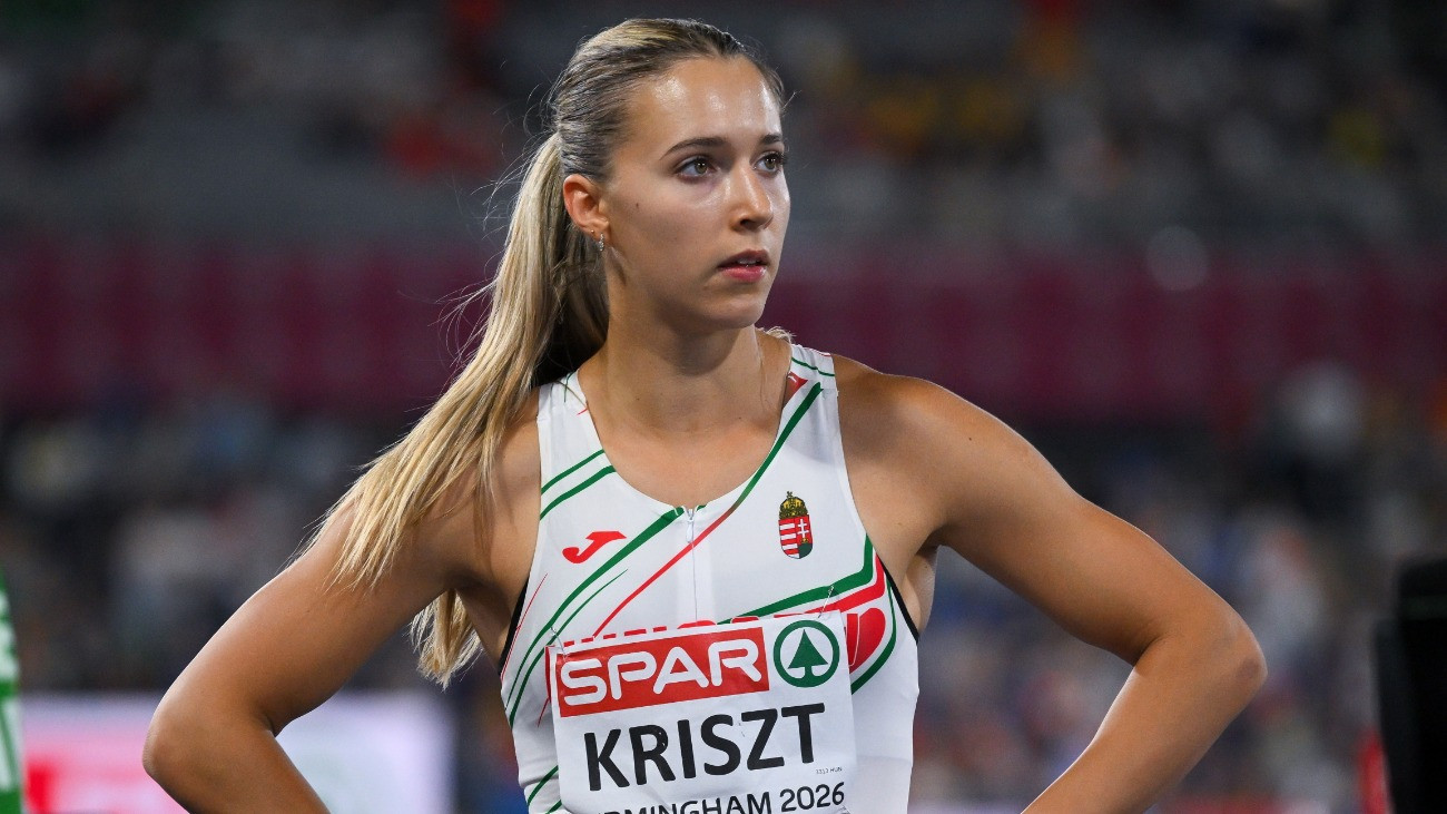 Kriszt Sarolta a nõi hétpróba 200 méteres síkfutás száma után a birminghami atlétikai Európa-bajnokságon 2026. augusztus 14-én.
